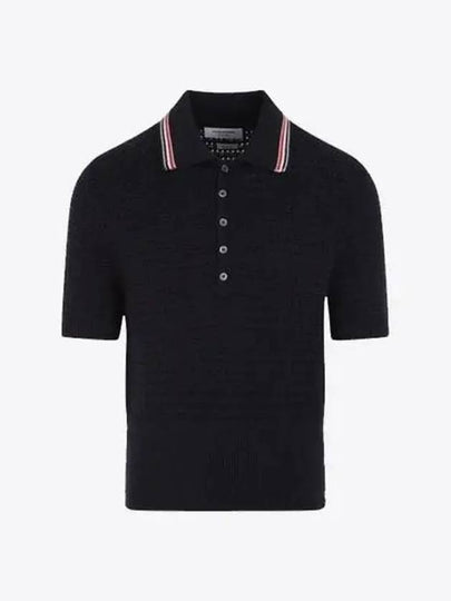 Textured Stitch Cotton Short Sleeve Polo Shirt Navy - THOM BROWNE - BALAAN 2