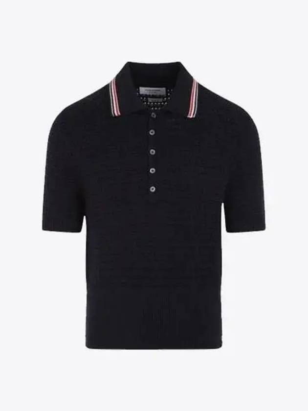 Textured Stitch Cotton Short Sleeve Polo Shirt Navy - THOM BROWNE - BALAAN 2