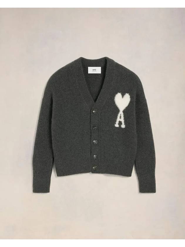 Intarsia Logo Knit Cardigan Dark Grey - AMI - BALAAN 2