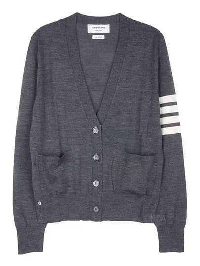 Sustainable Fine Merino Wool 4-Bar Relaxed Fit V-Neck Cardigan Medium Grey - THOM BROWNE - BALAAN 2