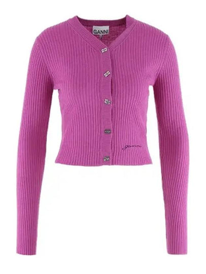 Merino Mini Ribbed Cardigan Fuchsia - GANNI - BALAAN 2