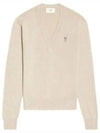 Men's Heart Logo V-Neck Cashmere Knit Top Beige - AMI - BALAAN 2