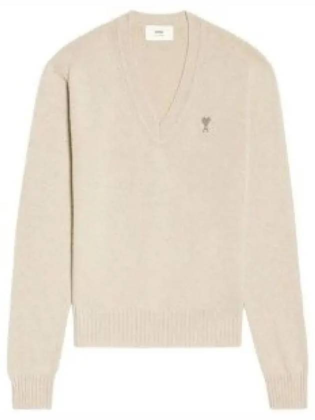 Men's Heart Logo V-Neck Cashmere Knit Top Beige - AMI - BALAAN 2