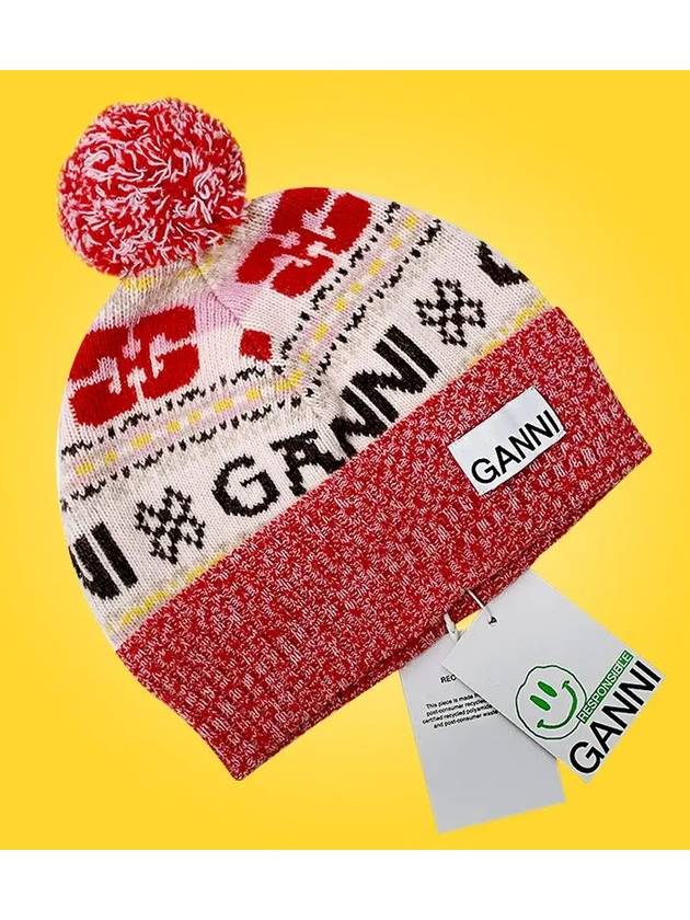 Logo Graphic Intarsia Knit Beanie Red - GANNI - BALAAN 7