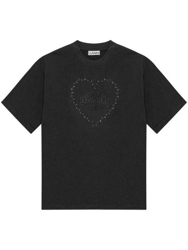 Drop Shoulder Heart Cotton Short Sleeve T-Shirt Black - GANNI - BALAAN 1