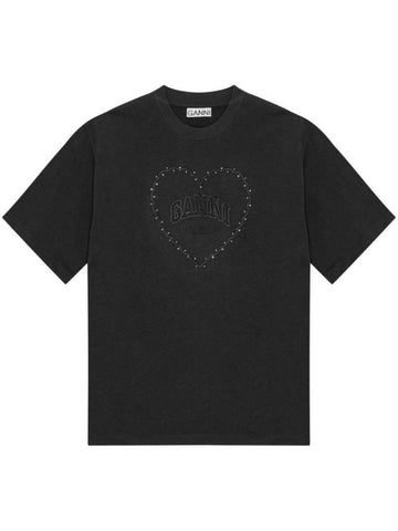 Drop Shoulder Heart Cotton Short Sleeve T-Shirt Black - GANNI - BALAAN 1