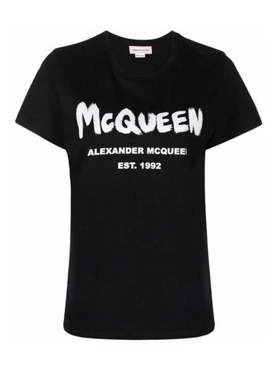 Women's Graffiti Logo Short Sleeve T-Shirt Black - ALEXANDER MCQUEEN - BALAAN 2