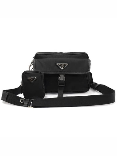 2VH133 Black Re Nylon Saffiano Silver Triangle Shoulder Cross Bag - PRADA - BALAAN 1