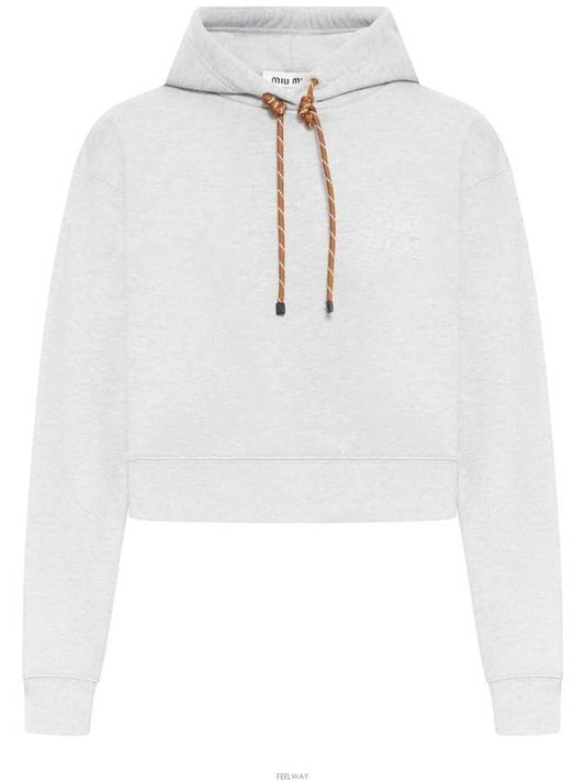 Logo Drawstring Crop Cotton Hoodie Grey - MIU MIU - BALAAN 2