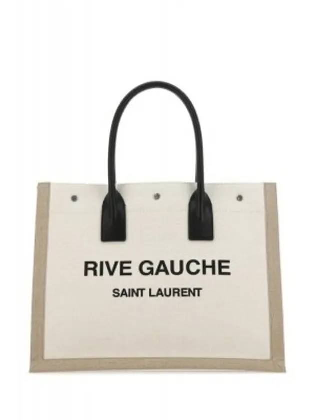 Rive Gauche Logo Linen Small Tote Bag Black Natural - SAINT LAURENT - BALAAN 1