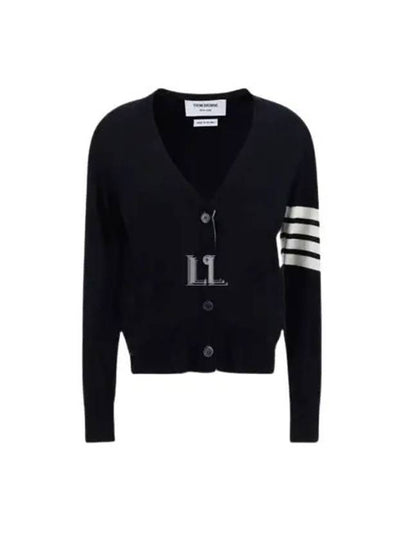 Sustainable Fine Merino Wool 4-Bar Relaxed Fit V-Neck Cardigan Navy - THOM BROWNE - BALAAN 2