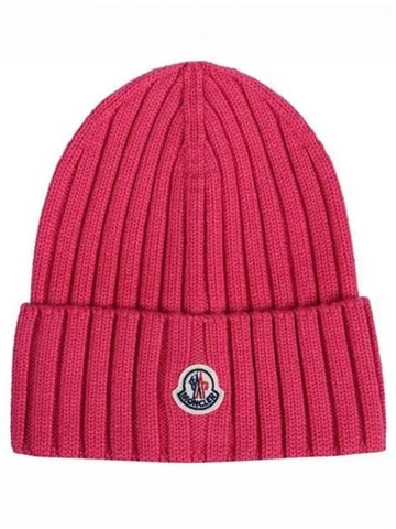 3B00052 A9327 559 Logo Patch Wool Beanie Pink Hat TJ 271568 - MONCLER - BALAAN 1