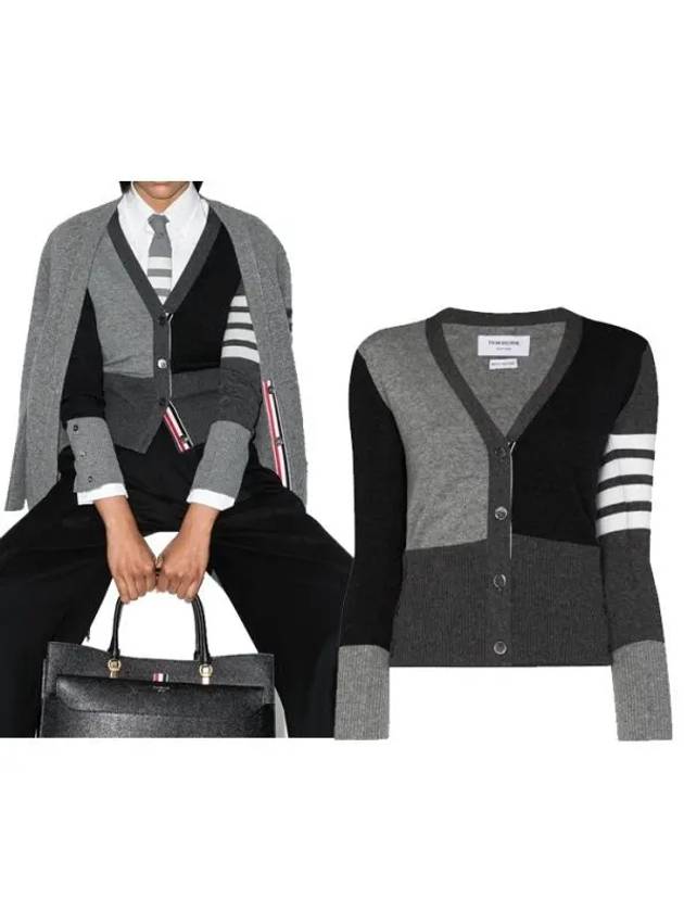 Fun Mix 4 Bar V-Neck Cashmere Cardigan Grey - THOM BROWNE - BALAAN 2