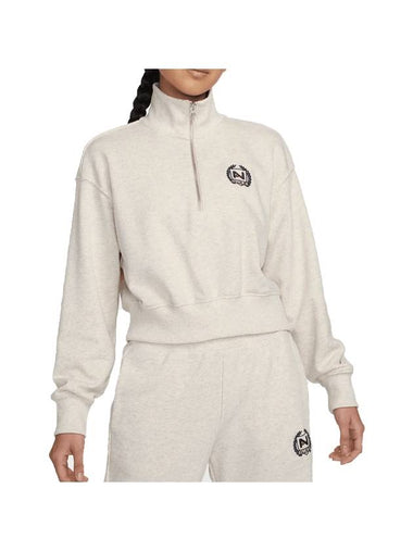 Women's Oversized Half Zip Crop Fleece Sweatshirt Oatmeal - NIKE - BALAAN 1