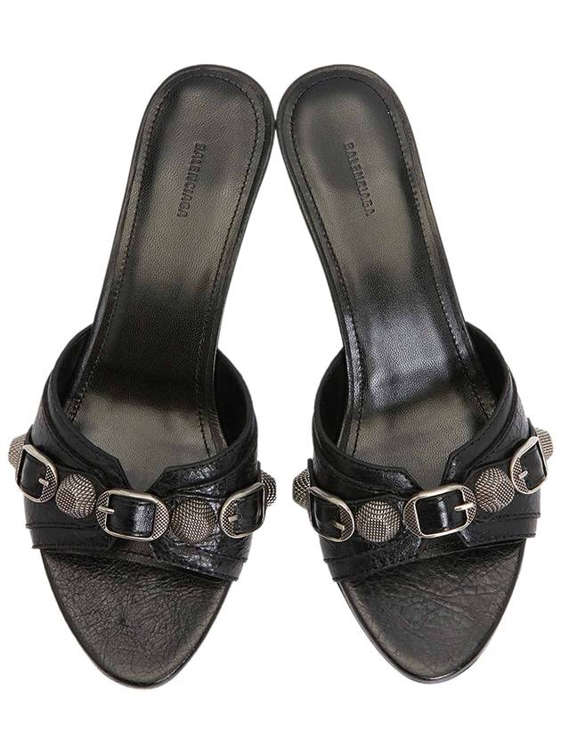 Women's Cargoll Studded Leather Band Mule Sandals Heel Black - BALENCIAGA - BALAAN.