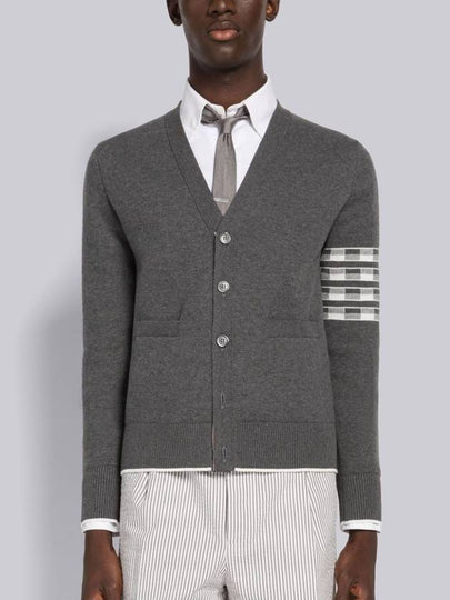 4-Bar V-Neck Hector Jacquard Cotton Cardigan Grey - THOM BROWNE - BALAAN 2