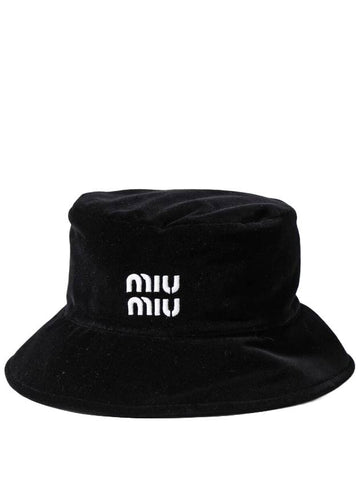 Embroidered Logo Drill Bucket Hat Black - MIU MIU - BALAAN 1