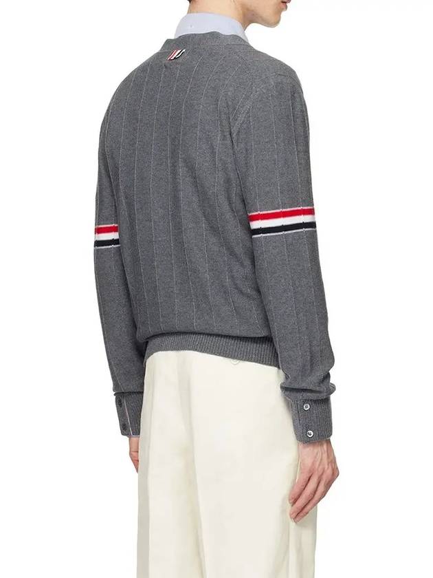 RWB V-neck Striped Virgin Wool Cardigan Grey - THOM BROWNE - BALAAN 3