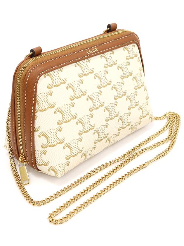 10E382CBX 01TA White Triomphe Canvas Tan Lambskin Chain Clutch Cross Bag - CELINE - BALAAN 3