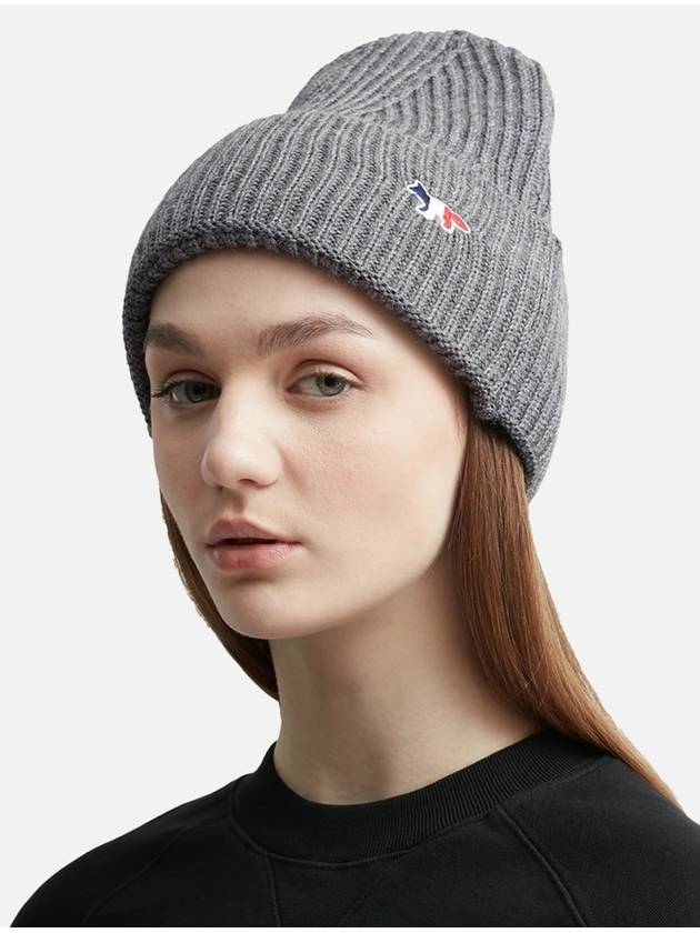 Tricolor Fox Patch Ribbed Beanie Grey - MAISON KITSUNE - BALAAN 7