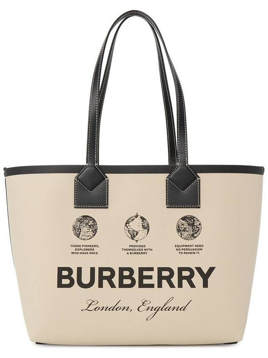 Label Print Small London Cotton Leather Tote Bag Beige - BURBERRY - BALAAN 2