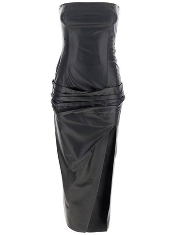 Black Sleeveless Off-Shoulder Midi Dress With Front Single Slit And Ruched Waist In Leather Woman - THE ATTICO - BALAAN 1