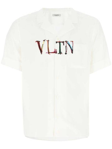 Men's VLTN Logo Viscose Short Sleeve Shirt White - VALENTINO - BALAAN.