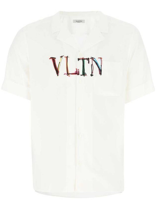 Men's VLTN Logo Viscose Short Sleeve Shirt White - VALENTINO - BALAAN.