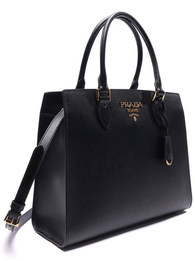 Saffiano Gold Square Leather Tote Bag Black - PRADA - BALAAN 4