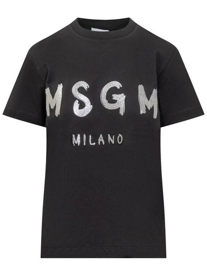 Glitter Logo Crewneck Short Sleeve T Shirt Black - MSGM - BALAAN 2