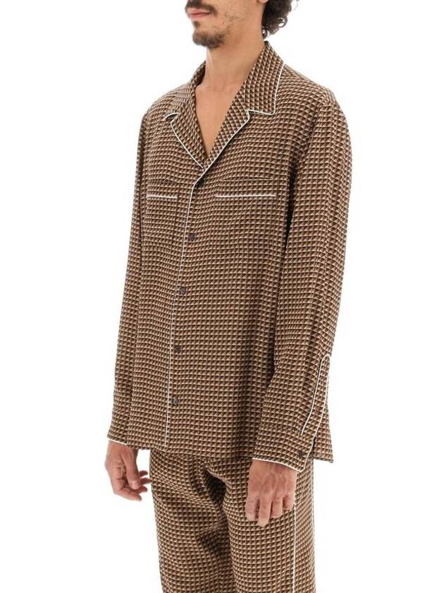 Men's Mini Stud Print Silk Pajamas Long Sleeve Shirt Brown - VALENTINO - BALAAN 5