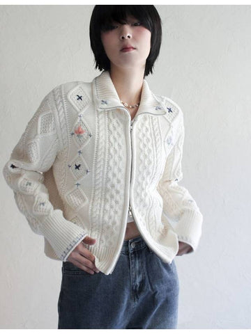 Alps Knit Zip up Cardigan Flower Stitched by Hand IVORY Women s Embroidery - RUBATI - BALAAN 1