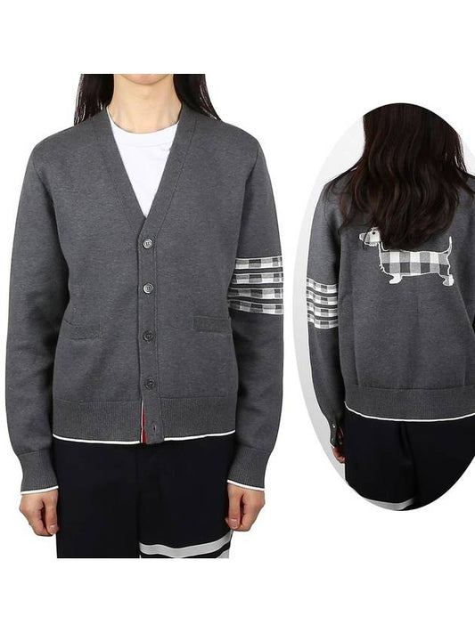 4-Bar V-Neck Hector Jacquard Cotton Cardigan Grey - THOM BROWNE - BALAAN 2