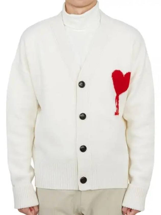 Big Heart Logo Oversized Intarsia Cardigan White - AMI - BALAAN 2