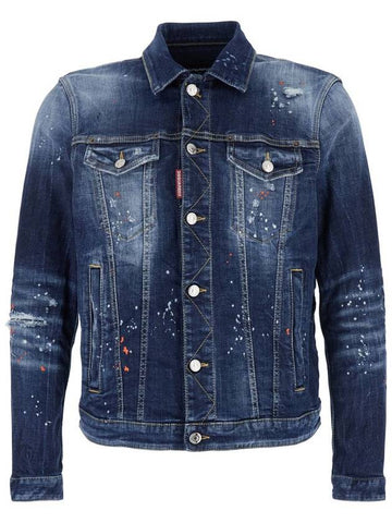 'Dan' Blue Jacket With Classic Collar And All-Over Paint-Splatter Print Effect In Denim Man - DSQUARED2 - BALAAN 1