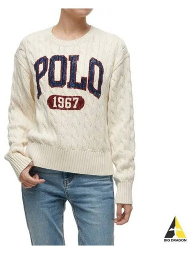 W logo cable knit crewneck cotton sweater beige - POLO RALPH LAUREN - BALAAN 1