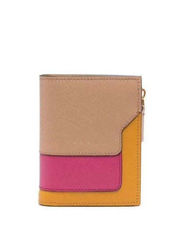 Color Block Leather Half Wallet Pink Orange - MARNI - BALAAN 1