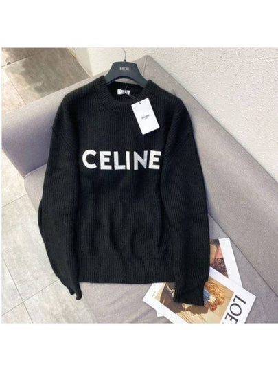 Logo Oversized Wool Knit Top Black - CELINE - BALAAN 2