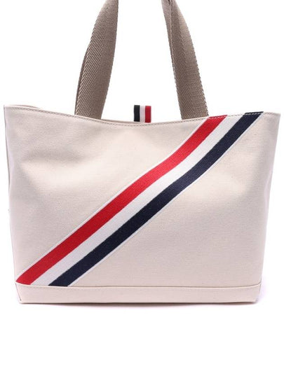 Diagonal Stripe Small Cotton Canvas Tote Bag White - THOM BROWNE - BALAAN 2