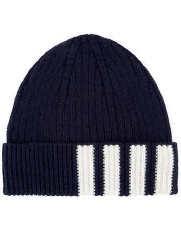 4 Bar Stripe Cashmere Beanie Navy - THOM BROWNE - BALAAN.