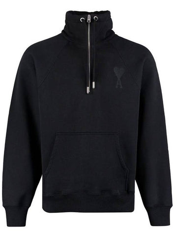 Logo Embroidered Half Zipper Sweatshirt Black - AMI - BALAAN 1