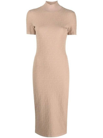 Women's FF Logo Short Sleeve Midi Dress Beige - FENDI - BALAAN 1