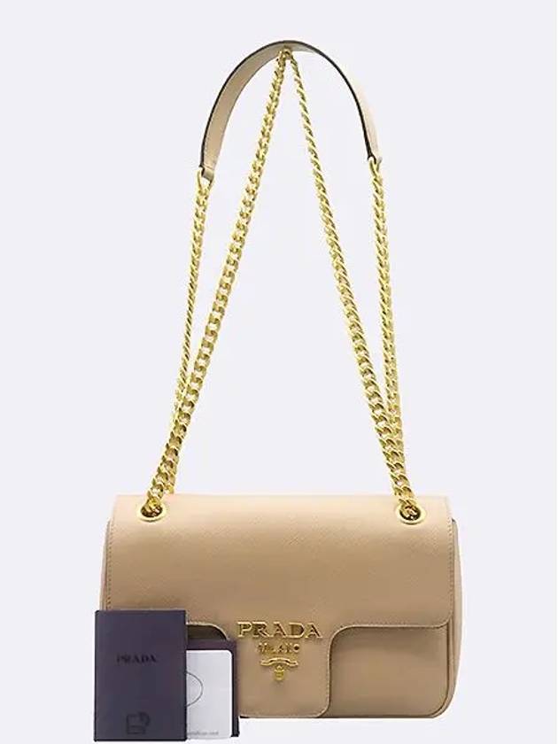 1BD193 Beige Saffiano gold chain flap shoulder bag and cross - PRADA - BALAAN 1