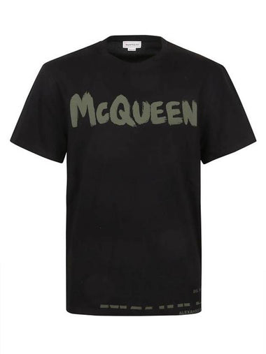 Men's Graffiti Logo Short Sleeve T-Shirt Black - ALEXANDER MCQUEEN - BALAAN 1