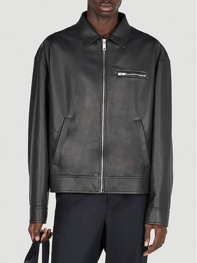 Triangle Logo Nappa Leather Zip Up Jacket Black - PRADA - BALAAN 3