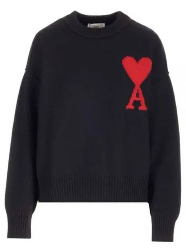 Intarsia Big Heart Logo Wool Knit Top Black - AMI - BALAAN 2