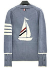 Women's Fine Merino Jersey Sailboat 4 Bar Boxy V Neck Cardigan Dark Blue - THOM BROWNE - BALAAN 3