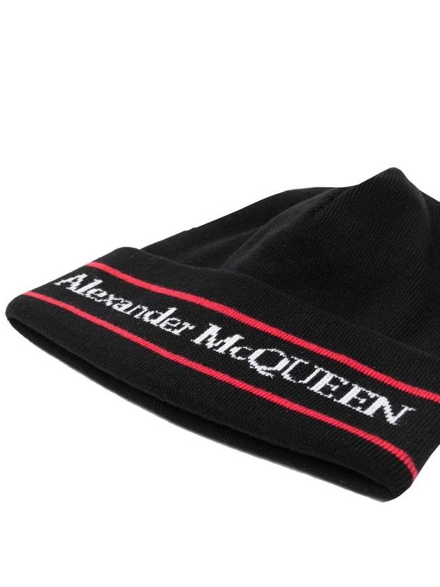 Logo Intarsia Turn-Up Brim Beanie Black - ALEXANDER MCQUEEN - BALAAN 3