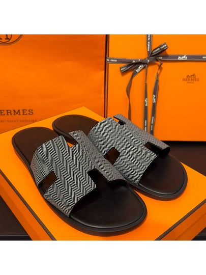 Men's Izmir Sandals Calfskin Chevron Black - HERMES - BALAAN 2