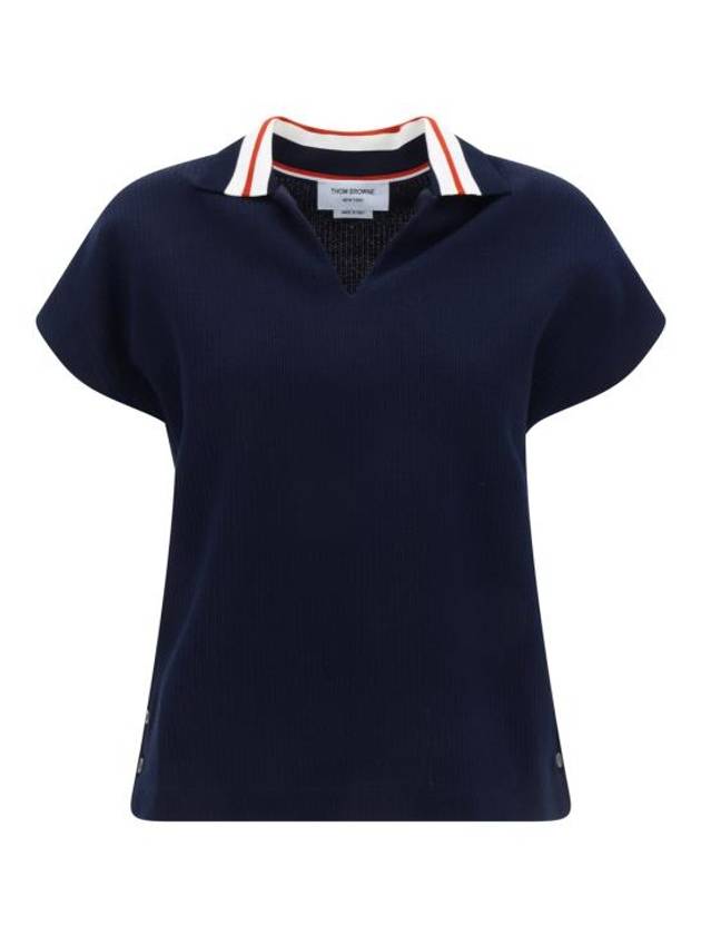 Women's Cricket Stripe Lightweight Cotton Short Sleeve Polo Shirt Navy - THOM BROWNE - BALAAN 2